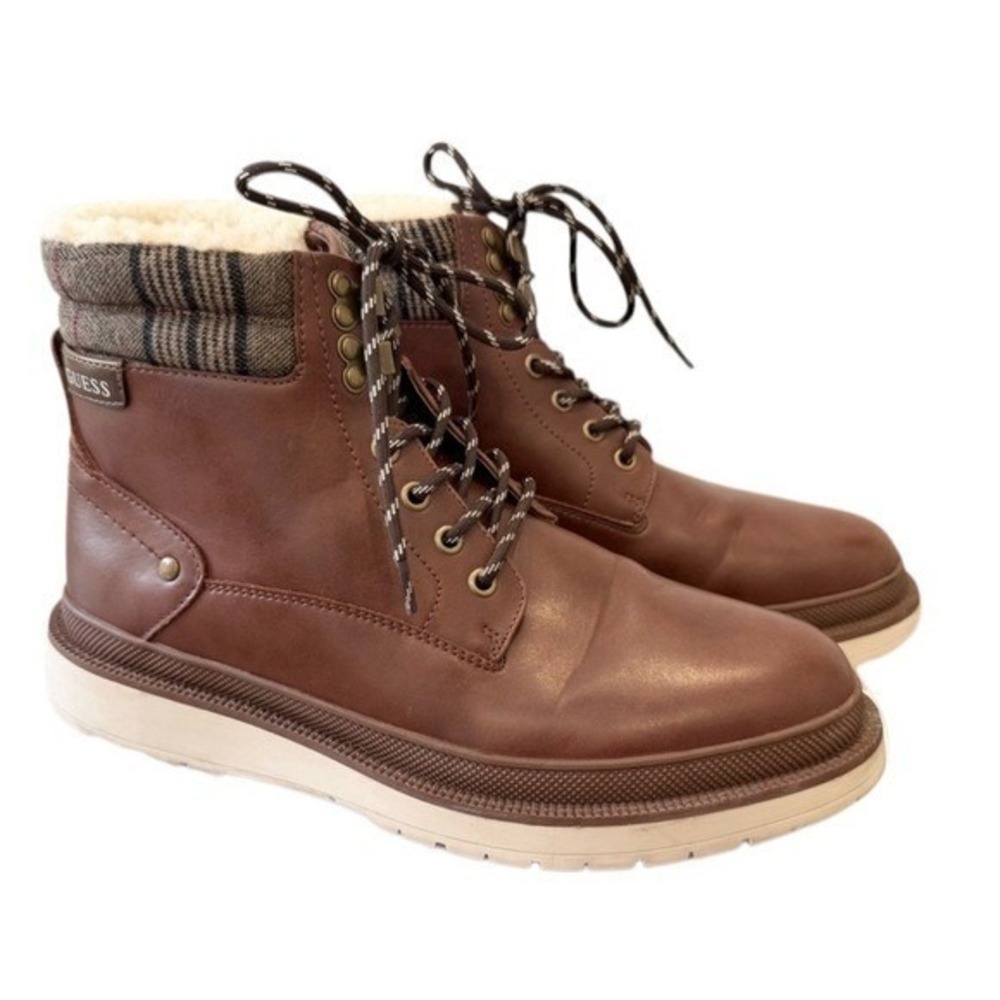 Guess Mens Brown Faux Leather Plaid‎ Collar Sherpa Lined Ankle Boots Lace Up